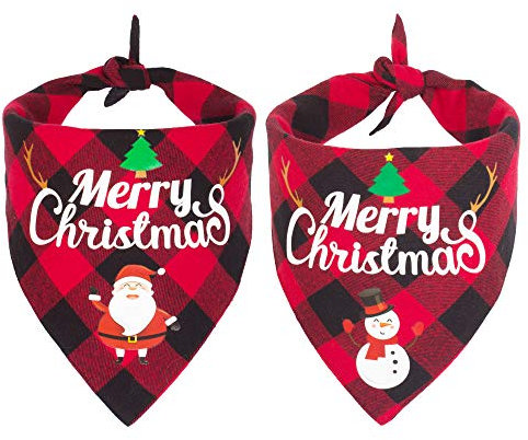 ADOGGYGO Hundehalstuch, Weihnachten, klassisch, kariert, Haustierschal, Dreieckstuch, Halstuch, Frohe Weihnachten, Weihnachtsmann, Schneemann, Druck, Haustiere (klein, rot)