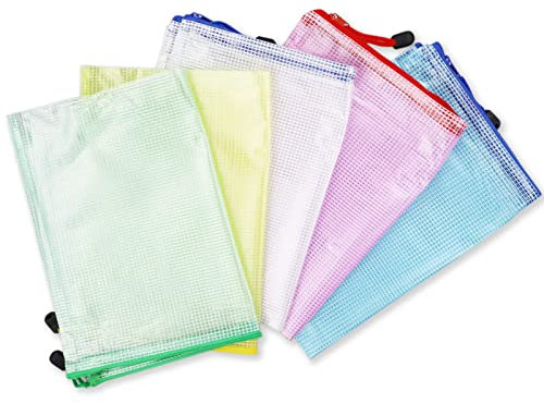 Plastic Wallets, 5Pcs A4 Zip Lock Bags Mesh Document Wallet Document Folders Plastic Pockets Zipper File Wallet for School Office Homework Travel Storage Bags