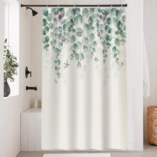 Uiiooazy Rideau Douche Anti Moisissure, Rideau de Douche 120x200cm Feuilles Vert Eucalyptus Fleur Violet Rideaux de Baignoire Tissu Lavable Imperméable Polyester Rideaux Salle de Bain avec 8 Crochets
