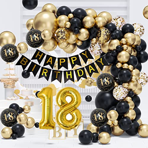 18. Geburtstag Deko Set - Konfetti, Luftballons, Happy Birthday Girlande, Schwarz Gold Dekoration für Junge und Mädchen - Party Decorations