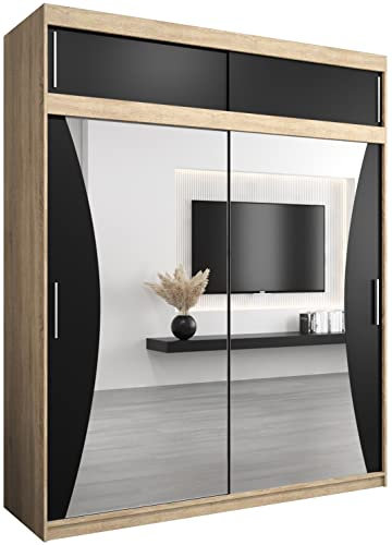 ABIKSMEBLE Monaco 200 Armario de Dormitorios con Tres Puertas Correderas - Armario de Almacenamiento Moderno con Espejo, Perchero y Estantes - 200x240x62 cm - Sonoma + Negro Mate con Extensión