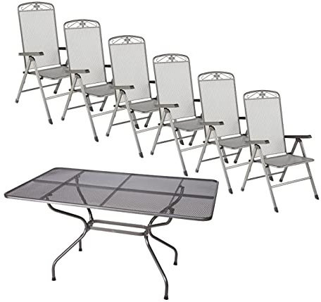 MWH Gartenmöbel Set Savoy, Streck-Metall, Gartentisch 145 x 90 x 74 cm, 2 Klappstühle je 72 x 58 x 107 cm, Metall, grau