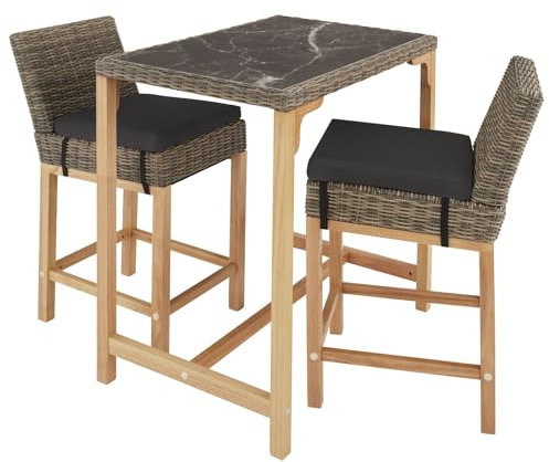 tectake® Alu Rattan Bartisch mit Barhocker, 3-teiliges Gartenbar Set für Terrasse und Balkon, UV-beständiges Polyrattan, Tisch mit Feinsteinzeug Platte, wetterfeste Gartenmöbel - Natur