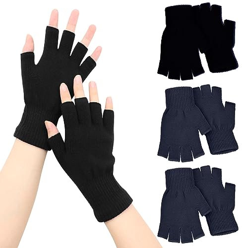 VEGCOO 4 Paires Mitaines Femme Homme, Gants sans Doigts en Tricot d'Hiver pour Femmes Hommes (Black/Grey)