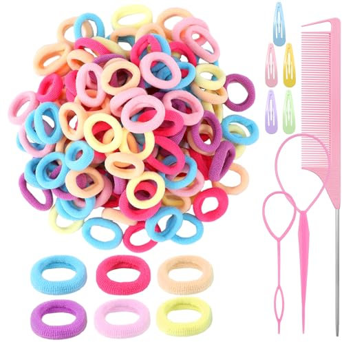 200 Stück Haargummis Mädchen,Mini Bunte Haargummi Kinder Soft Elastische Haargummi mit Haarspangen,Stielkamm,Flechthilfe Haare für Baby Kinder Mädchen