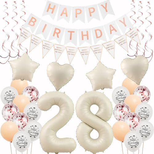 Deko 28. Geburtstag Frauen Beige Roségold Luftballons 28 Geburtstag Dekoration Frau，28 Gertstag Deko，Geburtstagsdeko 28 jahre Frauen,Happy 28th Birthday Girlande 28 Party