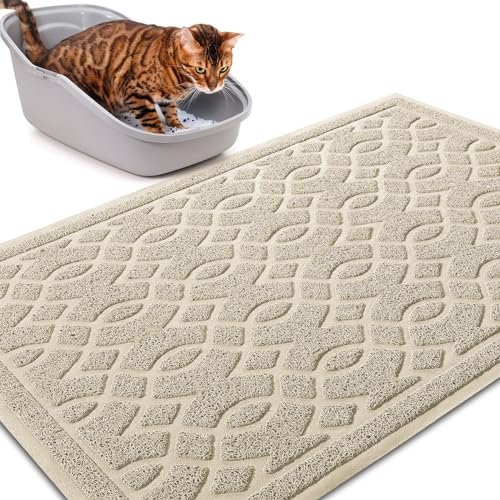 Yimobra Katzenstreu Matte, 90 x 60 cm, Wasserdichte Katzenklomatte Rutschfest Katzenklo Unterleger Matte, Einfache Reinigung Katzenklo Vorleger, Beige