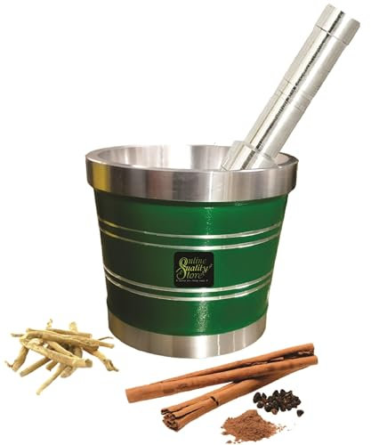 Online Quality Store Khal Batta/Mortero & Maja de aluminio verde, Imam Okhli/Musal/triturador de cocina/triturador de aluminio/Khallad/Mam Dasta/Mezclador de especias pesado para uso en el hogar y la