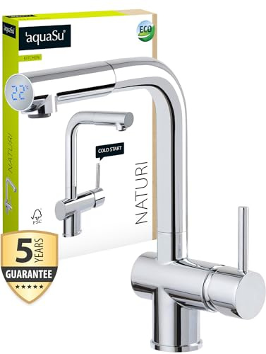 aquaSu® Wasserhahn Küche mit Temperaturanzeige, Herausziehbare Brause | Wasserspar-Keramikkartusche, Kostensparende Kaltwassermittelstellung, Display, Schwenkbar, Schaftbefestigung, Messingkern