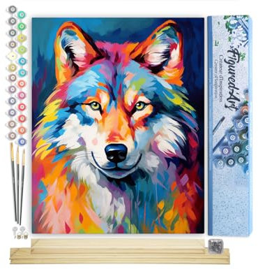 Figured'Art Peinture par Numéro Adulte avec Cadre Loup Coloré Abstrait - Activité Manuelle Kit de Loisir Créatif DIY Numéro d'Art Complet Animaux - 40x50cm avec châssis en bois à monter