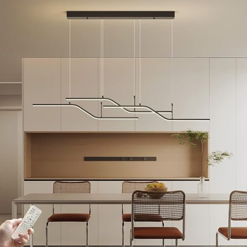 Eoodis Moderne Pendelleuchte Dimmbare LED-Kronleuchter mit Fernbedienung 3-Licht-Wellen-Lineare Schwarz Pendelleuchte für Esszimmer, Kücheninsel und Restaurant