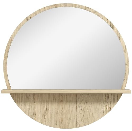 kleankin 45cm Wall Mounted Bathroom Mirror, Round Mirror with Shelf, Framed Makeup Mirror for Home Decoration, Natural Wood Effect