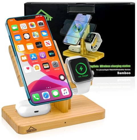 Bamboo 3 in 1 Wireless Charging Station with 30W Adapter – MagSafe Compatible with iPhone 12/13/14/15/16, Apple Watch Charger, Apple Charging Station, wireless charger iphone, airpods