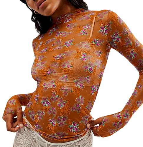 Caziffer Women's Lace Layering Top Long Sleeve Sheer Mesh Mock Neck Undershirt Y2K Lace Floral Tops See Through Shirt Blouse (Colorful Orange, M)