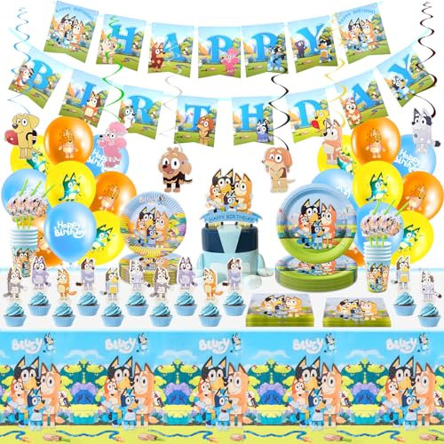 Wirhaut Partygeschirr Geburtstagsdeko,111 Stück Bluey Kindergeburtstag Deko Partygeschirr Kindergeburtstag Set Inklusive Banner,Luftballons,Cake Toppers,Tischdecken,Teller und Servietten