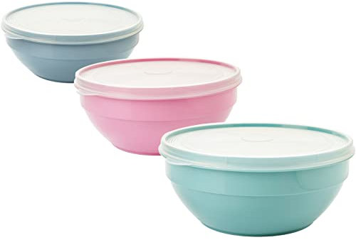 Sustania Schüssel mit Deckel 1l, 3er Rührschüssel set, Salatschüssel mit Deckel, Schüssel set aus BPA-frei Kunststoff (PP), Farbe: hell grau, pastell rosa, pastell grün, Transparent Deckel, Made in EU