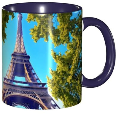 YYHHAOFA Navy Blue Ceramic Mugs Mug Suitable for Cappuccino, Latte, Cereal, Yogurt, Milk, hot or Cold Drinks Micro-Wave Oven Beautiful Tower Paris Prints