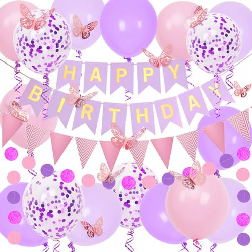 Decoration Anniversaire Violet et Roses, Banderole Joyeux Anniversaire et Ballons Mauves et Roses, Autocollants Papillons et Guirlande de Papier à Pois, Décoration Anniversaire