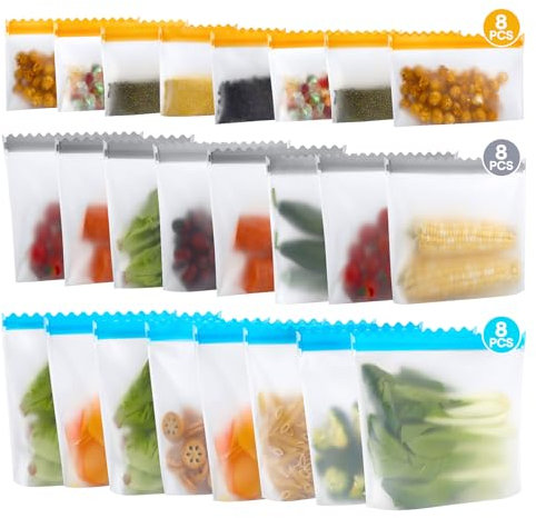 24 Stück Gefrierbeutel Wiederverwendbar,Platz Organizer, BPA-freie Silikonbeutel für Lebensmittel,Transparent,Wasserdicht & Umweltfreundlich