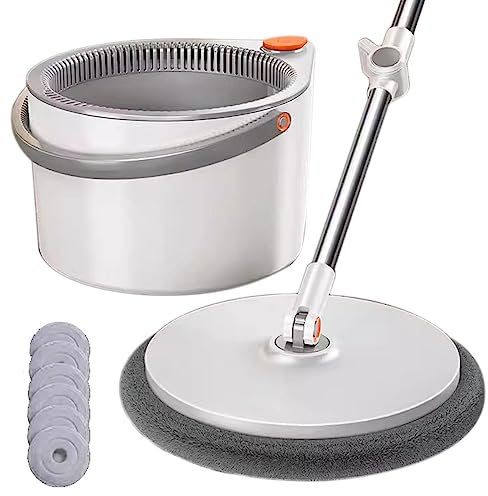 Juego de fregona giratoria plana y cubo con escurridor, mopa de suelo seco/húmedo autolimpiable para madera dura, madera, laminado, azulejos. Incluye 5 almohadillas de microfibra de recambio, separa