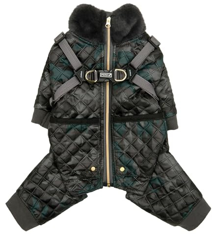 Puppia Bylur Warmer Winter-Overall mit Stehkragen und durchgehendem Reißverschluss und integriertem Geschirr für kleine und mittelgroße Hunde, Schwarz, Größe M