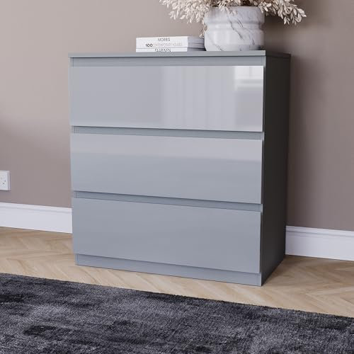 Vida Designs Kommode mit 3 Schubladen für Kleidung – Schrank-Organizer und Aufbewahrungsschrank für Flur, Eingangsbereich, Schlafzimmer und Wohnzimmer (Grau, Hochglanz)