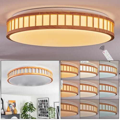 HOFSTEIN LED Deckenleuchte Amarelos, dimmbare Deckenlampe aus Metall/Bambus/Kunststoff in Weiß/Natur im Retro/Boho-Design, CCT einstellbar mit Fernbedienung, Esszimmer, Wohnzimmer, Schlafzimmer, Küche