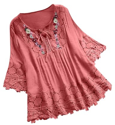 Tops for Women UK, Ladies Cotton Linen Embroidered Blouse, Loose Fit 3/4 Length Sleeve Summer Shirts, Plus Size Fashion Vintage Boho Peasant T-Shirts Tunic, Hollow Out, Tie-Up