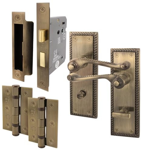 EAI Antique Brass Georgian Scroll Bathroom Door Handle Set - 1 Pair Internal Lever Handles, Hinges & Lock (64mm) - Rope Design
