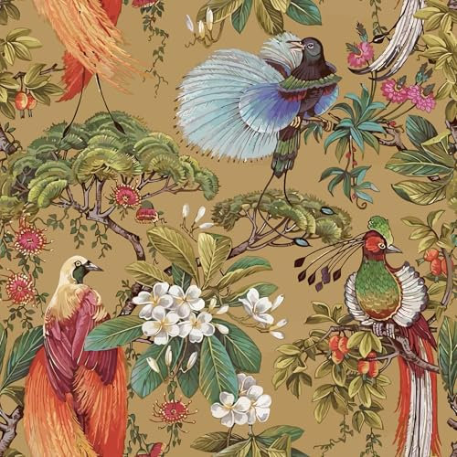VEELIKE Oriental Ochre Yellow Bird Wallpaper Self Adhesive Chinoiserie Floral Wallpaper for Bedroom Bathroom 44.5 cm x 300 cm Wall Mural Wall Paper Removable Sticky Back Plastic Roll Renter Friendly