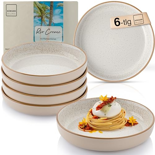 SÄNGER Rio Creme Pastaschalen 6 teilig, 6x Nudel Schalen aus Steingut | Schüssel Set spülmaschinenfest mikrowellenfest kratzfest, große Schüssel cremefarben 750 ml