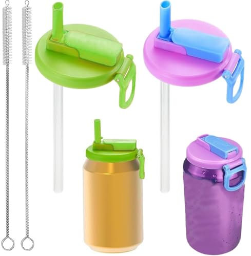 KSVFTB Can Lids For Fizzy Drinks, 6 Pcs Silicone Soda Can Lids With Straw Set, 2 Reusable Spill-Proof Soda Can Straw Lid with 2 Straw and 2 Brush for Canned Beverage, Juice, Seltzer ﻿