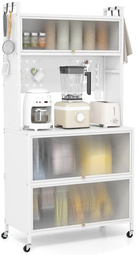 COSTWAY Credenza Alta per Cucina con 5 Ripiani e 3 Ante a Ribalta Traslucide, Mobile Cucina con Ruote e Panello a Ganci, Armadio Cucina Porta Microonde (80 x 40 x 160 cm,Bianco)