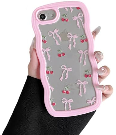 ZTOFERA for iPhone 7/8/SE Case 4.7 inch,Cute Curly Wave Frame Shape Case with Cherry Ribbon Bow Pattern, Clear Slim Shockproof Hard PC Bumper Phone Cover for Women Girls, Peach Pink