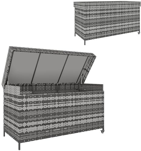 Outsunny 627 L Rattan Garden Storage Box, Outdoor Garden Cushion Storage Box with Gas Lift Lid and Wheels, Outdoor Rattan Chest Container for Cushions, Pillows and Tools, Dark Grey