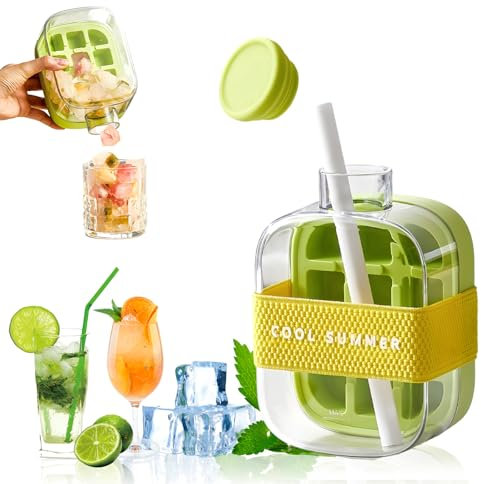 2 in 1 Water Bottle Ice Cube Tray Mold, Ice Cube Bottle with Straw, Touch-Free Ice Cube Tray Water Bottle with Lid, Press to Release Ice Tray for Coffee Juice(500ml)