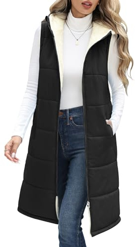 Vancavoo Gilet Donna Invernale Lungo Pile Smanicato con Cappuccio Piumino Giacca Imbottito Cappotto con Cerniera,Nero,XL