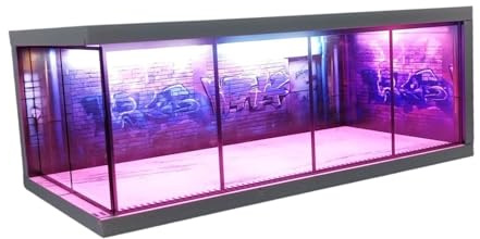 predolo 1/64 Druckguss Autovitrine, Autogarage Vitrine, Schutzfahrzeug Garage Schaukasten mit LED Leuchten für Geschenke, B