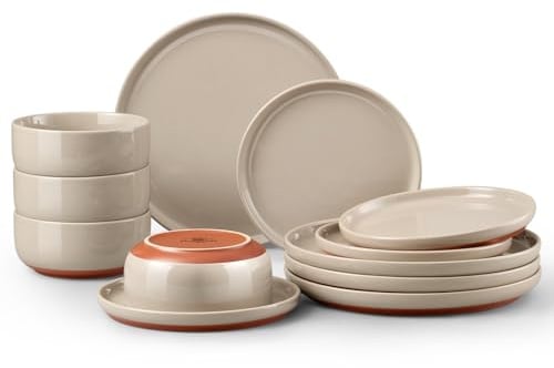 Homikit 12-Piece Dinner Stoneware Set Service for 4 People, Cinnamon Brown | Reactive Glaze Plates and Bowls Set with Rustic Terracotta Bottom, Non-Toxic & Non-Scratch, Microwave and Dishwasher Safe