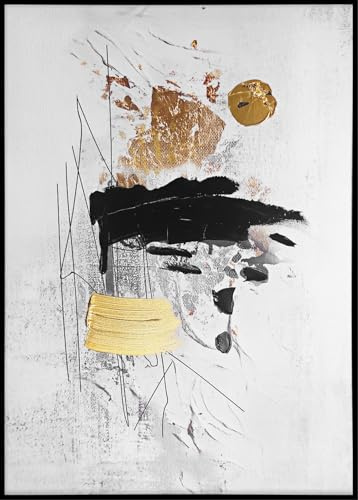 STYLER Leinwandbild Fantasia I 70 x 100 cm mit schwarzem Rahmen – Abstrakte Kunst in Gold, Schwarz & Weiß – Modernes Canvas-Handpainting Wandbild – Velvet & Gold Kollektion