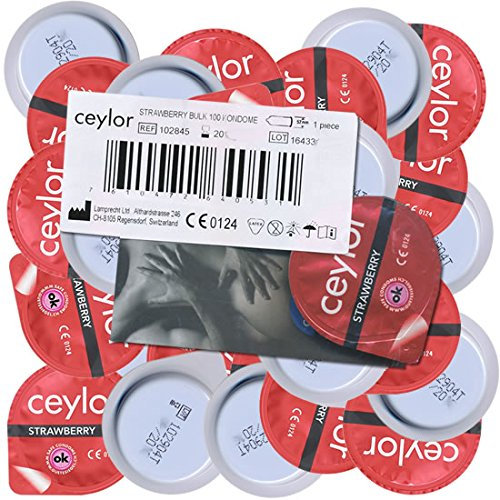 Ceylor Strawberry 100 Kondome mit Erdbeer-Gleitcreme, Großpackung, verpackt im hygienischenDösli, einfach zu öffnen, schnelleres Überziehen, Premium-Qualität aus der Schweiz
