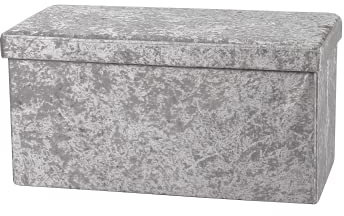 Intimates Large 2 Seater Luxury Crushed Velvet Fabric Foldaway Ottoman Stool Blanket Box Bench 76cms x 38cms (Silver)