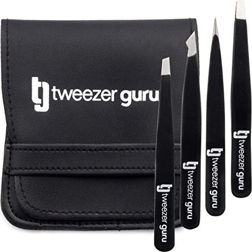 Pinces à épiler professionnelle (Set de 4), Tweezer Guru en acier inoxydable, épilation de précision pour les poils du visage, les poils incarnés, les échardes et l'extraction d'une tique (noir)