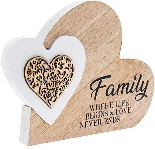 Plaque | Double Heart Family | 1 Piece - 15x2x12 cm, White, Beige