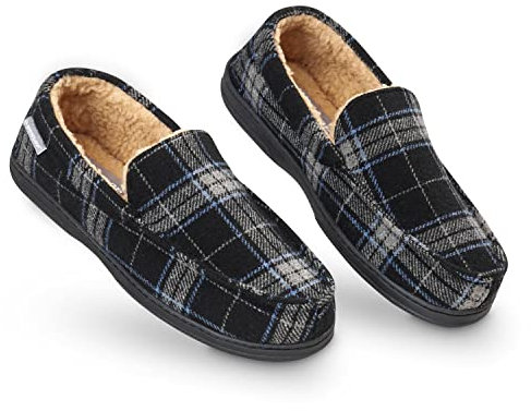 DUNLOP Moccasins Slippers Men Loafers Faux Fur Slippers Rubber Sole Memory Foam House Slippers Indoor Shoes Gifts For Men (Black Grey, 8 UK)