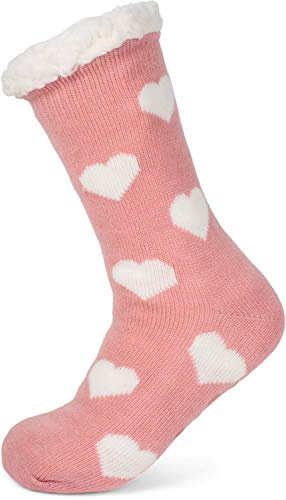 styleBREAKER Calcetines antideslizantes mujer forro peluche motivo corazón | Zapatillas con suela antideslizante de goma, forro cálido, para tallas 35-42.