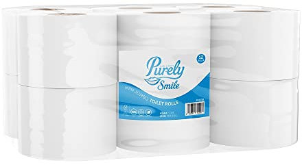 Blake & White 2 Ply Mini Jumbo Toilet Rolls 12 Pack - Purely Smile 60mm Highly Absorbent Toilet Paper for Home and Leisure Centers - 150m Ultra Durable Tissue Roll - PS1130