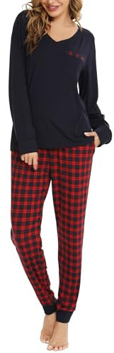 Vlazom Pyjama Femme Hiver Ensembles de Pyjama à Manche Longue Col en V Vêtements de Nuit à Carreaux Chaud Long,A-Bleu Foncé,S