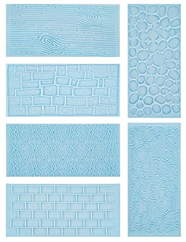 AUEAR, 6 Pack Fondant Impression Mat Mold Set Brick Wall Flower Cobblestone Embossed Tree Bark Stone Texture Design for Cupcake Biscuits Top Edging Decoration
