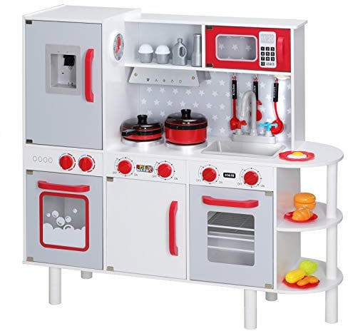 Spielwerk Cocina de Juguete Madera Niños Cocinita Infantil Sonido Horno Lavabo Ajustable Accesorios